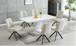 Set Masa Living Extensibila KJT380 Alb cu 6 Scaune KJC356 Bej