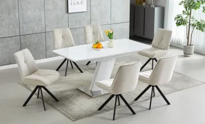 Set Masa Living Extensibila KJT380 Alb cu 6 Scaune KJC356 Bej