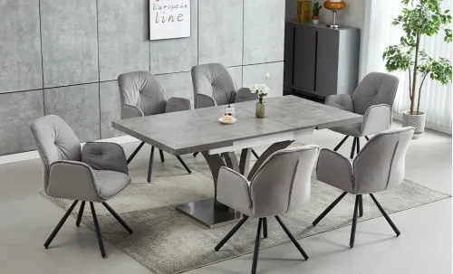 Set Masă Living Extensibilă KJT385 Gri cu 6 Scaune KJC80 Gri