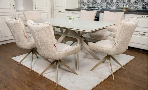 Set Masă Living Extensibilă Bej DTM0107 cu 6 Scaune DCM0607CS Bej