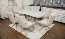 Set Masă Living Extensibilă Bej DTM0107 cu 6 Scaune DCM0607CS Bej