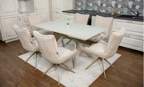 Set Masă Living Extensibilă Bej DTM0107 cu 6 Scaune DCM0607CS Bej