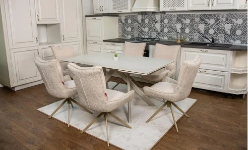 Set Masă Living Extensibilă Bej DTM0107 cu 6 Scaune DCM0607CS Bej