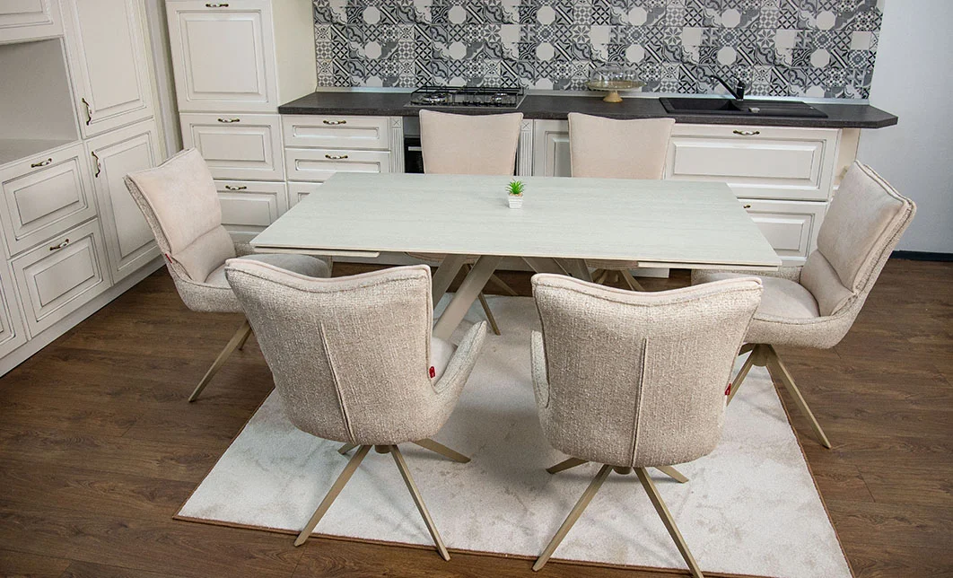 Set Masă Living Extensibilă Bej DTM0107 cu 6 Scaune DCM0607CS Bej 6