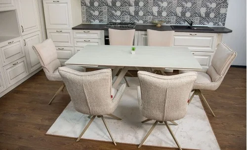 Set Masă Living Extensibilă Bej DTM0107 cu 6 Scaune DCM0607CS Bej