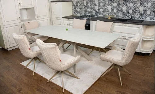 Set Masă Living Extensibilă Bej DTM0107 cu 6 Scaune DCM0607CS Bej