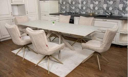 Set Masă Living Extensibilă Bej DTM0107 cu 6 Scaune DCM0607CS Bej