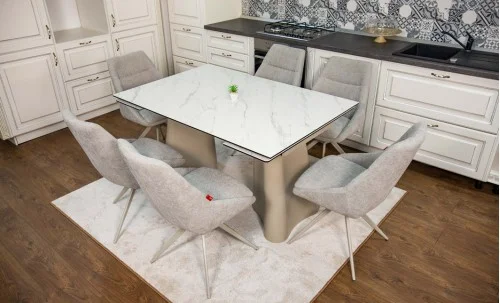 Set Masă Living Extensibilă Blat Ceramic Alb Marmura CT234 cu Set 6 Scaune DCM0108CS