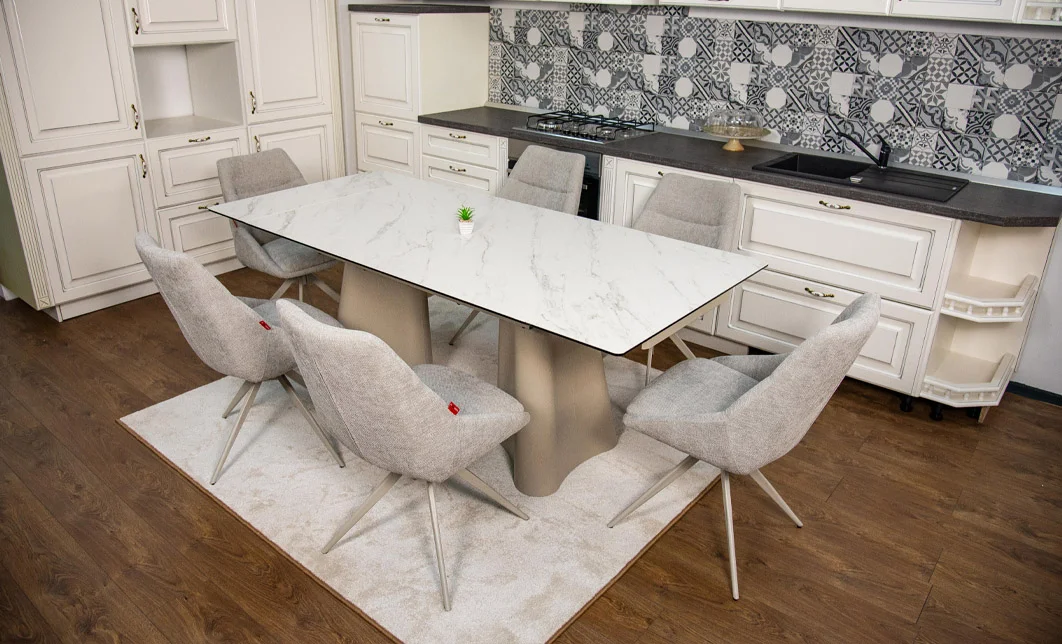 Set Masă Living Extensibilă Blat Ceramic Alb Marmura CT234 cu Set 6 Scaune DCM0108CS 5