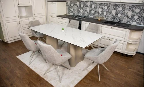 Set Masă Living Extensibilă Blat Ceramic Alb Marmura CT234 cu Set 6 Scaune DCM0108CS