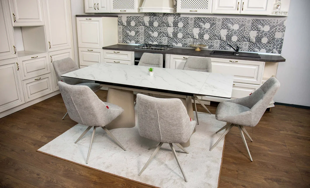 Set Masă Living Extensibilă Blat Ceramic Alb Marmura CT234 cu Set 6 Scaune DCM0108CS 6