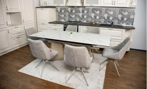 Set Masă Living Extensibilă Blat Ceramic Alb Marmura CT234 cu Set 6 Scaune DCM0108CS