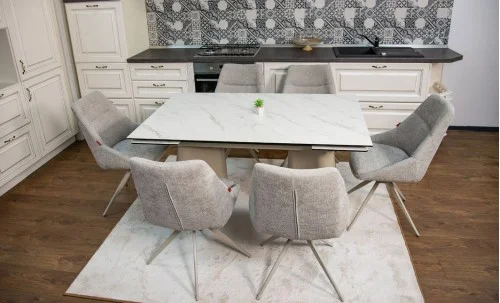 Set Masă Living Extensibilă Blat Ceramic Alb Marmura CT234 cu Set 6 Scaune DCM0108CS
