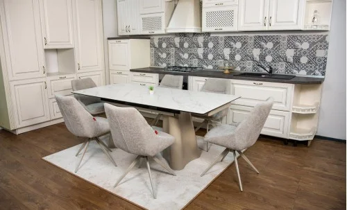 Set Masă Living Extensibilă Blat Ceramic Alb Marmura CT234 cu Set 6 Scaune DCM0108CS