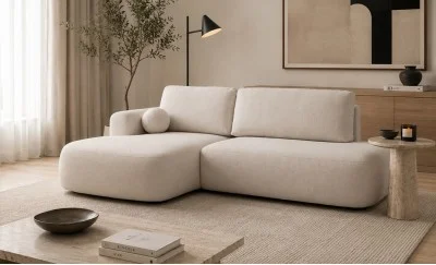 Colțar Extensibil Ariola, Cu Ladă Depozitare, Stofă Premium Loop 2 Cream