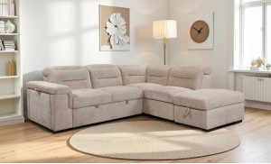 Colțar Extensibil Cremona KF7685 cu Ladă Depozitare, Suport pentru Pahar și Încărcare Wireless, Șezlong Dreapta, Bej