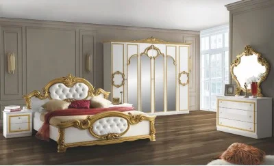 Dormitor Clasic Barocco Bianco Gold cu Dulap 6 Uși