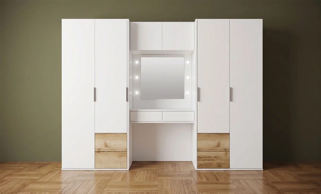 Dulap Latina 300 Alb Cu Oglinda si Masuta Machiaj