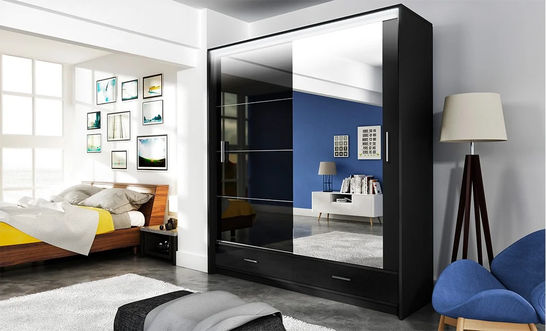 Dulap Marsylia Usi Glisante Negru cu Oglinda 203  3