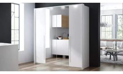 Dulap Brema Alb 210 cu Uși Pliante și Oglindă