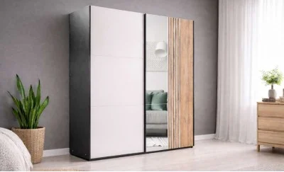 Dulap Evora 2 Usi D2 Alb/Negru/Riflaj cu Oglinda