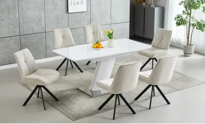 Set Masa Living Extensibila KJT380 Alb cu 6 Scaune KJC356 Bej