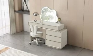 Măsuță Toaletă T6015 Albă Extensibilă cu 3 culori LED și Oglindă