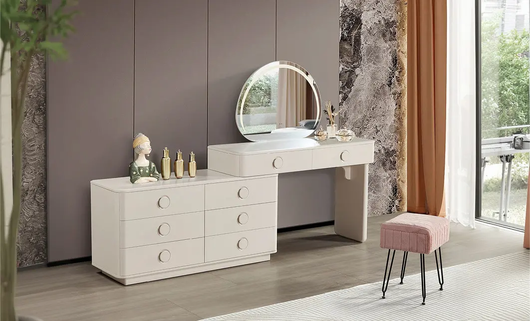 Măsuță Toaletă T6228 Albă Extensibilă cu 3 culori LED și Oglindă