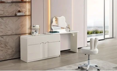 Măsuță Toaletă T6236 Albă Extensibilă cu 3 culori LED și Oglindă