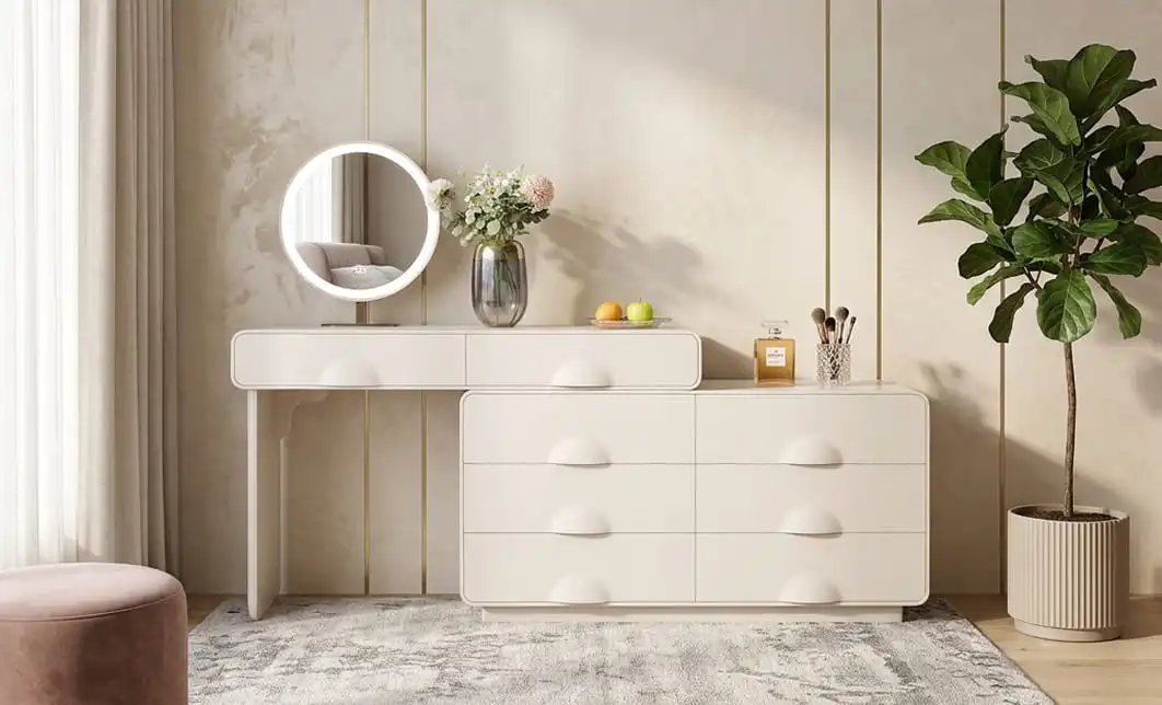 Măsuță Toaletă T636-8 Albă Extensibilă cu 3 culori LED și Oglindă