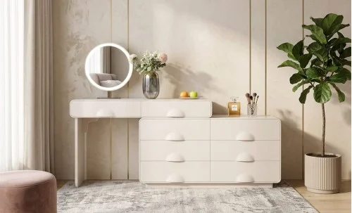 Măsuță Toaletă T636-8 Albă Extensibilă cu 3 culori LED și Oglindă