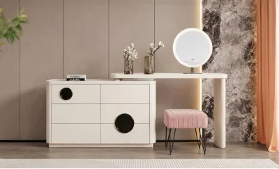 Măsuță Toaletă T639-6 Albă Extensibilă cu 3 culori LED și Oglindă