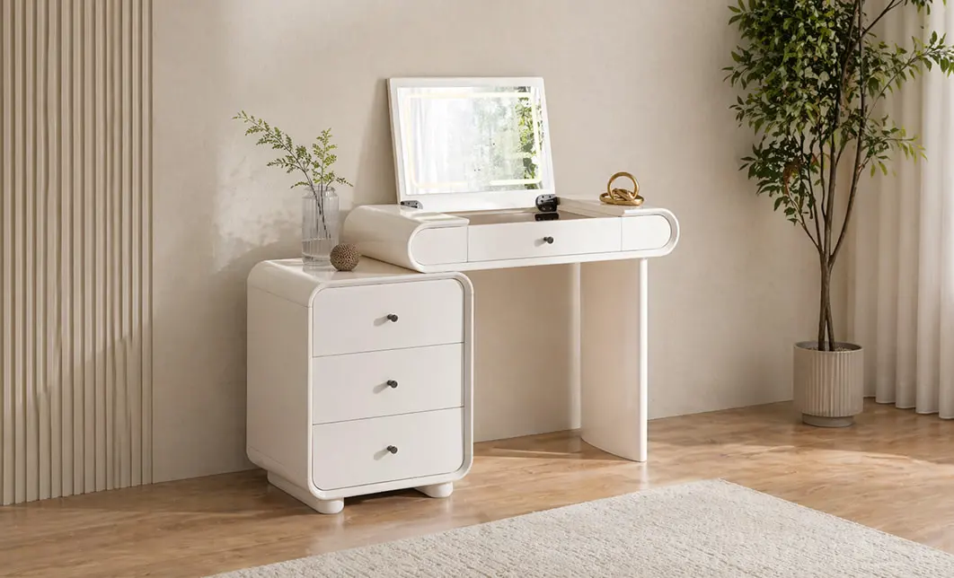 Măsuță Toaletă T669-3 Albă Extensibilă cu 3 culori LED și Oglindă