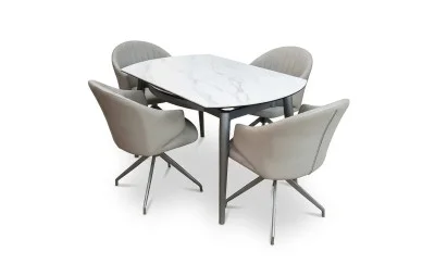 Set Masă Living Extensibilă CT106 Blat Ceramic Alb cu 4 Scaune CY815 Gri