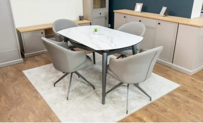 Set Masă Living Extensibilă CT106 Blat Ceramic Alb cu 4 Scaune CY815 Gri