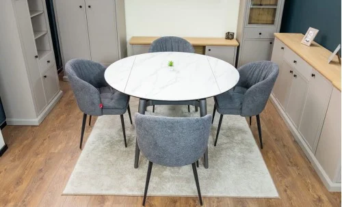 Set Masă Living Extensibilă CT106 Blat Ceramic Alb cu 4 Scaune DCM0102CF Gri