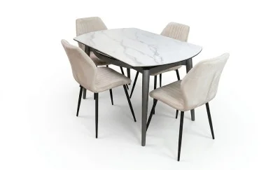 Set Masă Living Extensibilă CT106 Blat Ceramic Alb cu 4 Scaune Tapițate KJC104 Bej