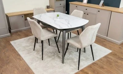 Set Masă Living Extensibilă CT106 Blat Ceramic Alb cu 4 Scaune Tapițate KJC104 Bej