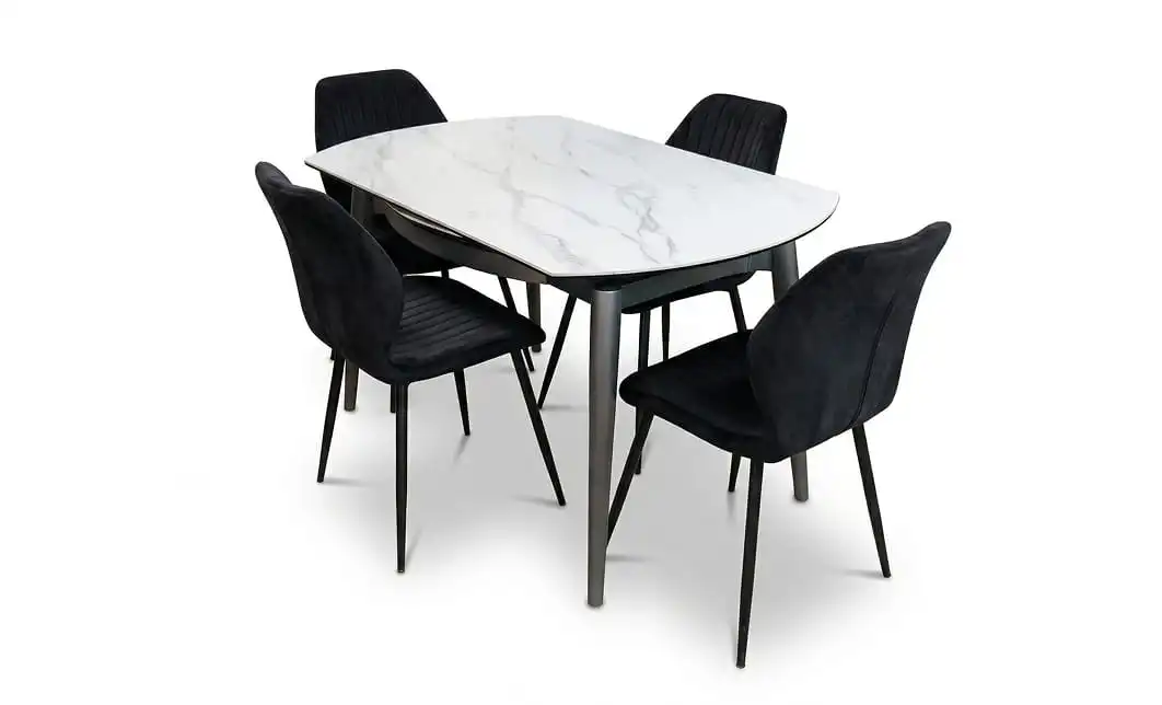 Set Masă Living Extensibilă CT106 Blat Ceramic Alb cu 4 Scaune Tapițate KJC104 Negre 1