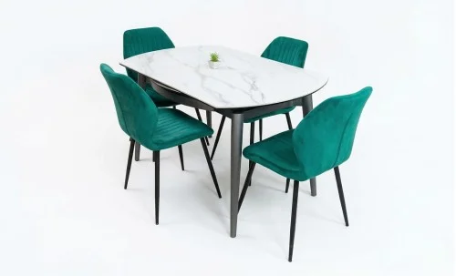 Set Masă Living Extensibilă CT106 Blat Ceramic Alb cu 4 Scaune Tapițate KJC104 Verzi