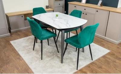 Set Masă Living Extensibilă CT106 Blat Ceramic Alb cu 4 Scaune Tapițate KJC104 Verzi