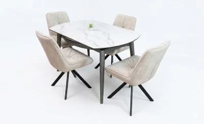 Set Masă Living Extensibilă CT106 Blat Ceramic Alb cu 4 Scaune Tapițate KJC356 Bej