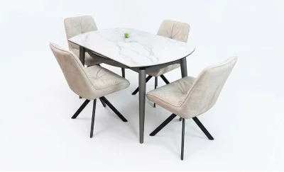 Set Masă Living Extensibilă CT106 Blat Ceramic Alb cu 4 Scaune Tapițate KJC356 Bej