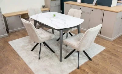 Set Masă Living Extensibilă CT106 Blat Ceramic Alb cu 4 Scaune Tapițate KJC356 Bej