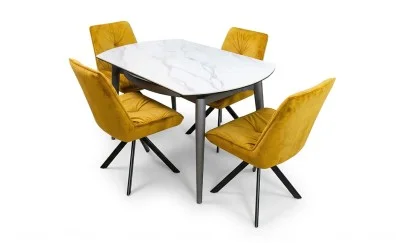 Set Masă Living Extensibilă CT106 Blat Ceramic Alb cu 4 Scaune Tapițate KJC356 Galbene