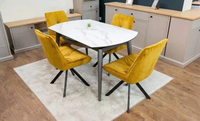 Set Masă Living Extensibilă CT106 Blat Ceramic Alb cu 4 Scaune Tapițate KJC356 Galbene