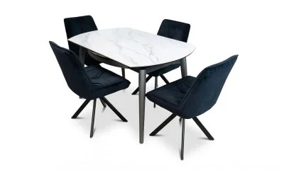 Set Masă Living Extensibilă CT106 Blat Ceramic Alb cu 4 Scaune Tapițate KJC356 Negre