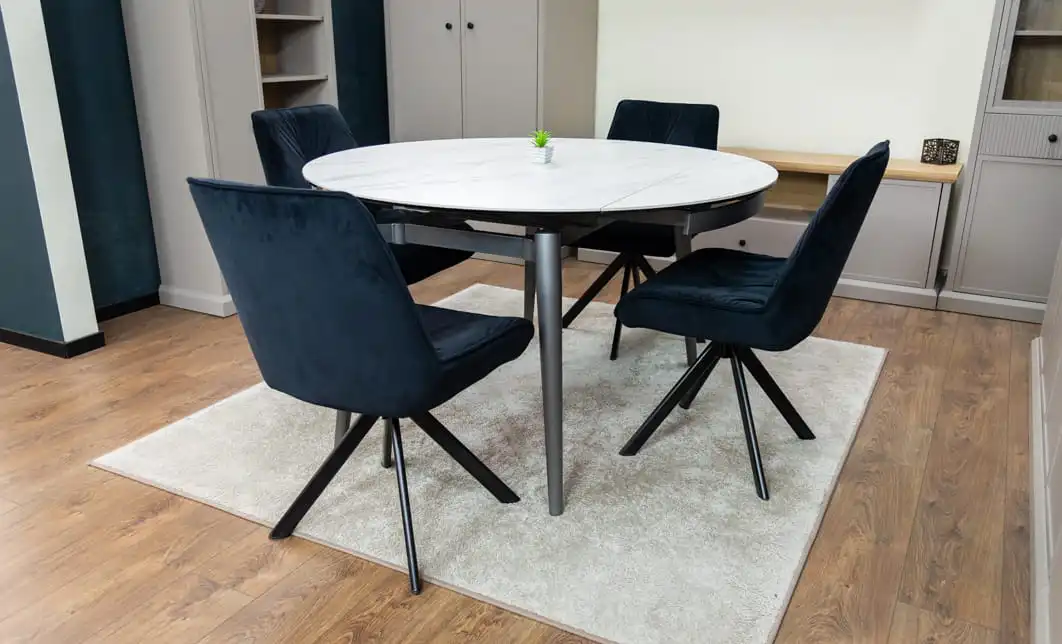 Set Masă Living Extensibilă CT106 Blat Ceramic Alb cu 4 Scaune Tapițate KJC356 Negre 7