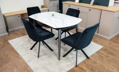 Set Masă Living Extensibilă CT106 Blat Ceramic Alb cu 4 Scaune Tapițate KJC356 Negre