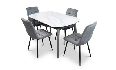Set Masă Living Extensibilă CT106 Blat Ceramic Alb cu 4 Scaune KJC37 Gri